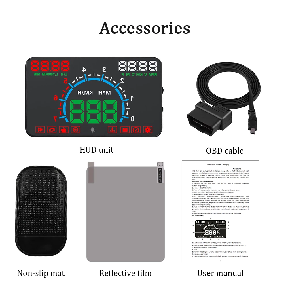

ELING 5,8-дюймовый проекционный дисплей OBD2 на лобовое стекло с цифровым отображением скорости, сигнализацией о превышении скорости, показателями температуры воды, частоты вращения двигателя и напряжения, подключение Plug and Play