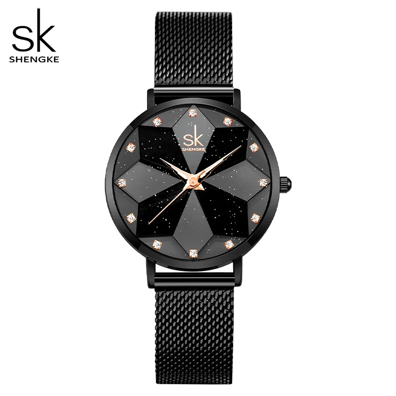 shengke New Women Watches Romantic Flower Cutting Dial High Quality Black Mesh Band Lady Watches Relogio Feminino Gift For Love