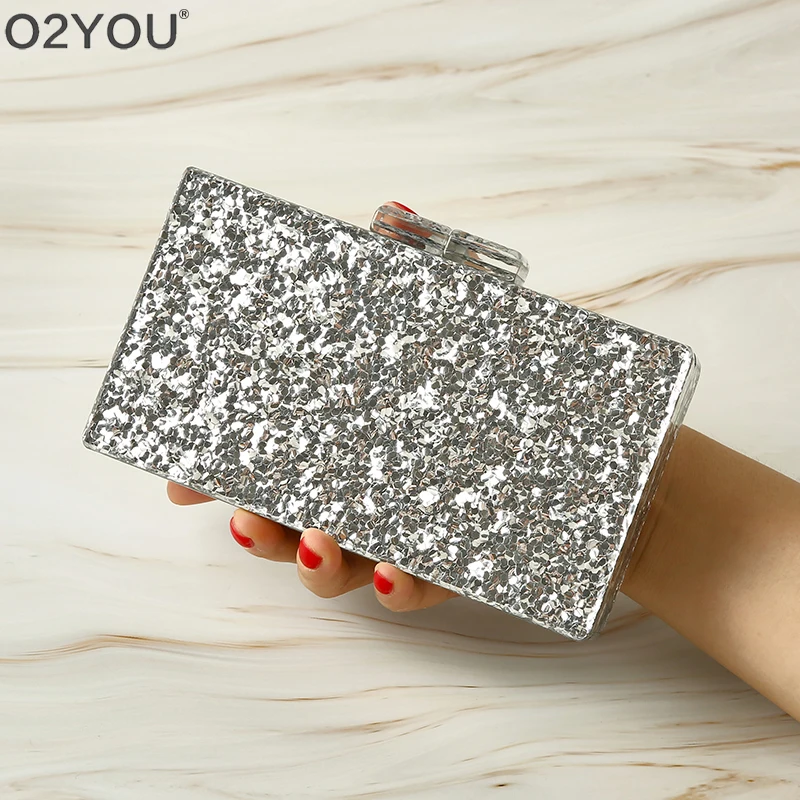 Silver Glitter Gold Glitter Acrylic Box Clutches Mirror Acrylic Clasp Female Flap Evening Day Clutches Party Beach Handbag  obag