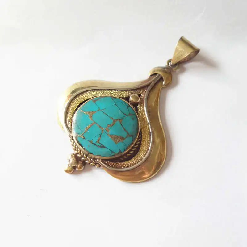 Nepal Vintage Hand Jewelry Brass Inlaid Turquoise Golden Big Pendants TBP336