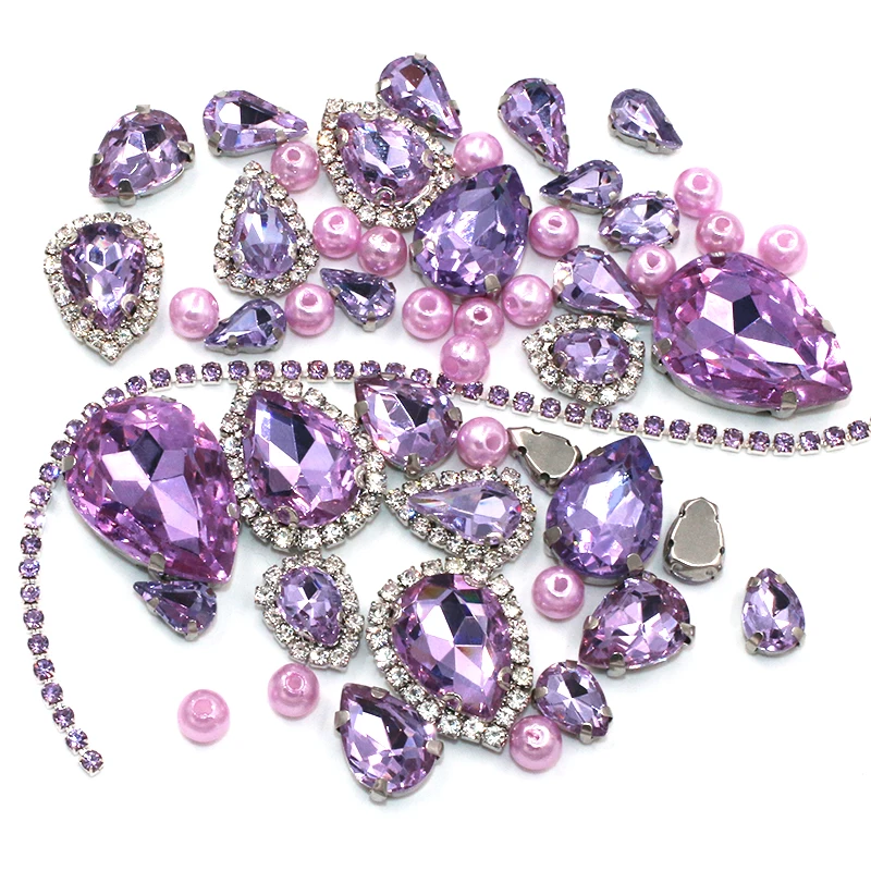 Wedding Decoration Teardrop Crystal violet Mix Size Glass Crystal Stones Pearl Beads Cup Chain Rim Rhinestones Sew On Clothing