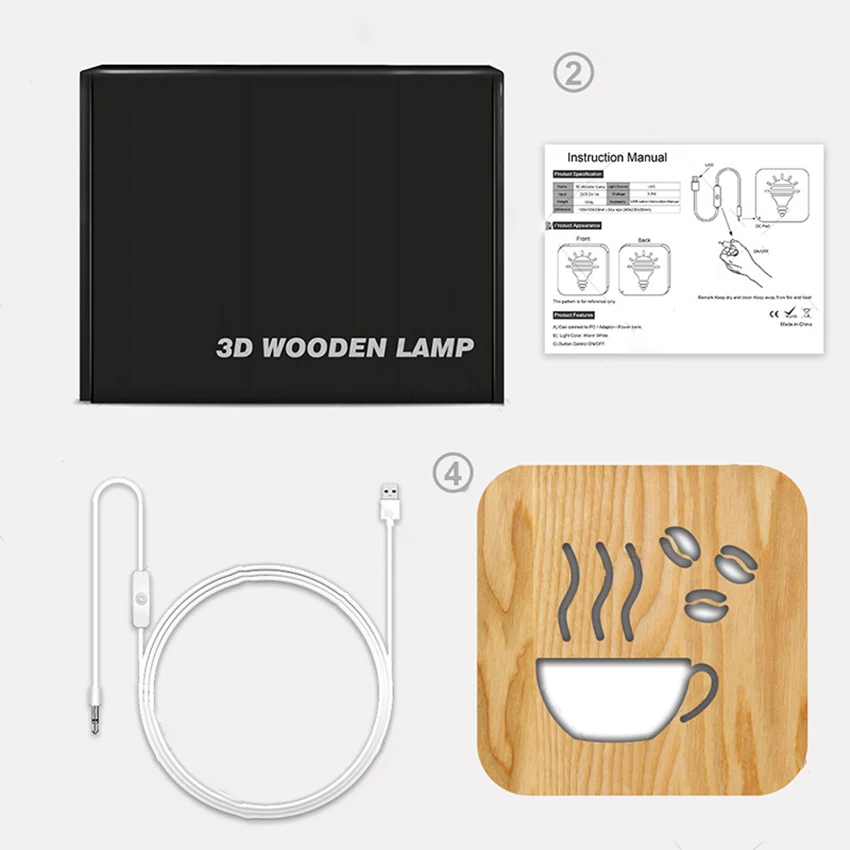 الإبداعية ثلاثية الأبعاد فنجان القهوة خشبية مكتب مصباح ، LED ضوء الطاولة مع USB الطاقة ، LED ضوء الليل مصباح غرفة نوم المنزل ، هدية للأطفال
