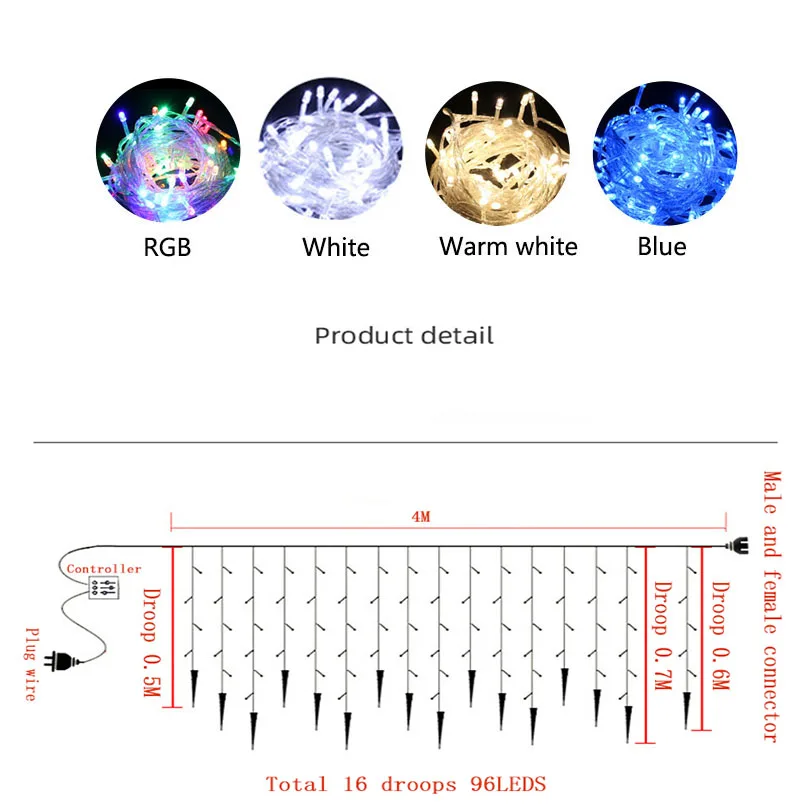 5-28m led cortina icicle luzes da corda guirlanda de natal cachoeira droop 0.5-0.7m jardim rua ao ar livre luz decorativa do feriado