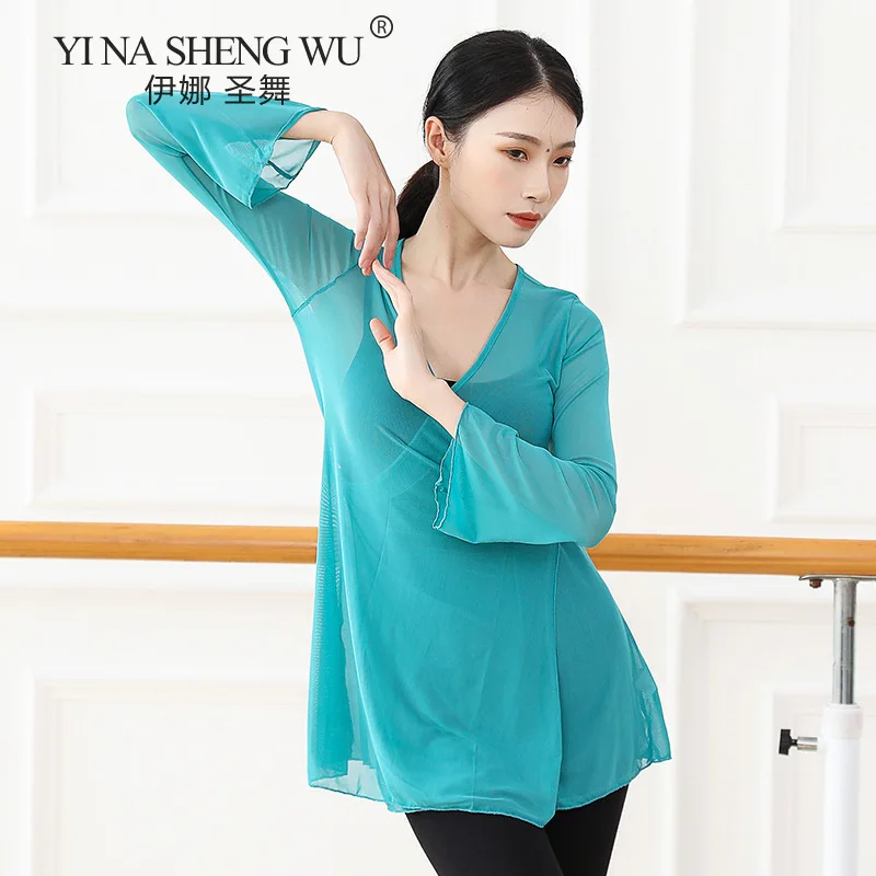 New Chinese Folk Classical Dance Practice Clothes For Performances Flowing Body Rhyme Gauze Long Sleeve Tops Sexy Mesh Shirt 3XL