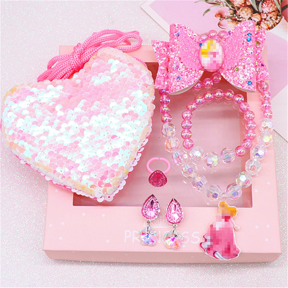 Girls Ariel Elsa Sofia Aurora Princess Necklace Pendant Earrings Ring Bracelet Bag Bow Baby Hair Clips Fancy Fairy Jewelry Sets