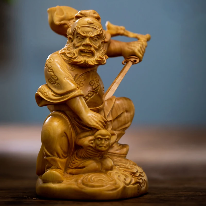 Hand-Carved Wooden Zhong Kui Statue - Chinese Deity for Protection and Good Fortune, Feng Shui Home Decor