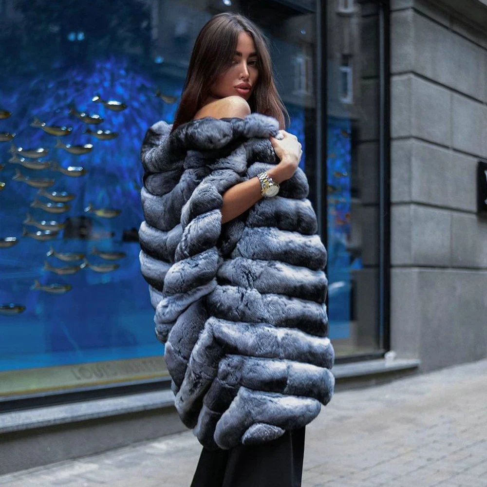 Winter Fashion Real Rex Rabbit Fur Coat for Women Outwear New Trendy Genuine Rex Rannit Fur Coats Medium Length Overcoats