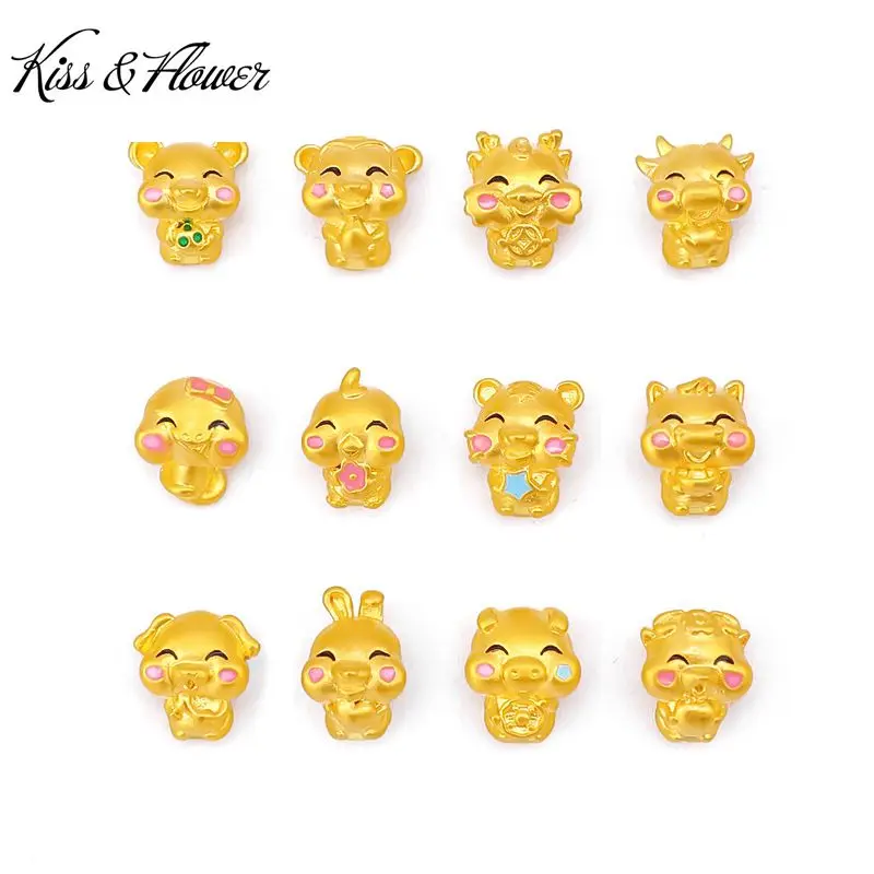 QEENKISS Gold 12 Zodiac Bead Pendant For Women Kids Animal Rat Ox Rooster Rabbit Charm Wedding Party DIY Accessories Gift PD20