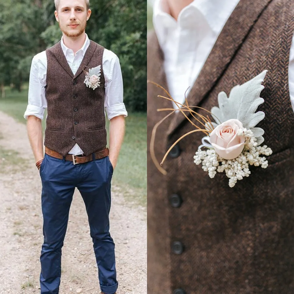 Donker Bruine Wol Bruidegom Vesten Land Visgraat Tweed Slim Fit Wedding Party Voor Mannen Kledij Bruidsjonkers Prom Zilver Terug