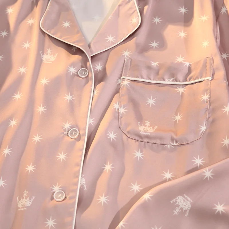 Lisacmvpnel kadın yaz iki parçalı takım elbise pijama buz ipek saten ince dış giyim baskı dantel pijama