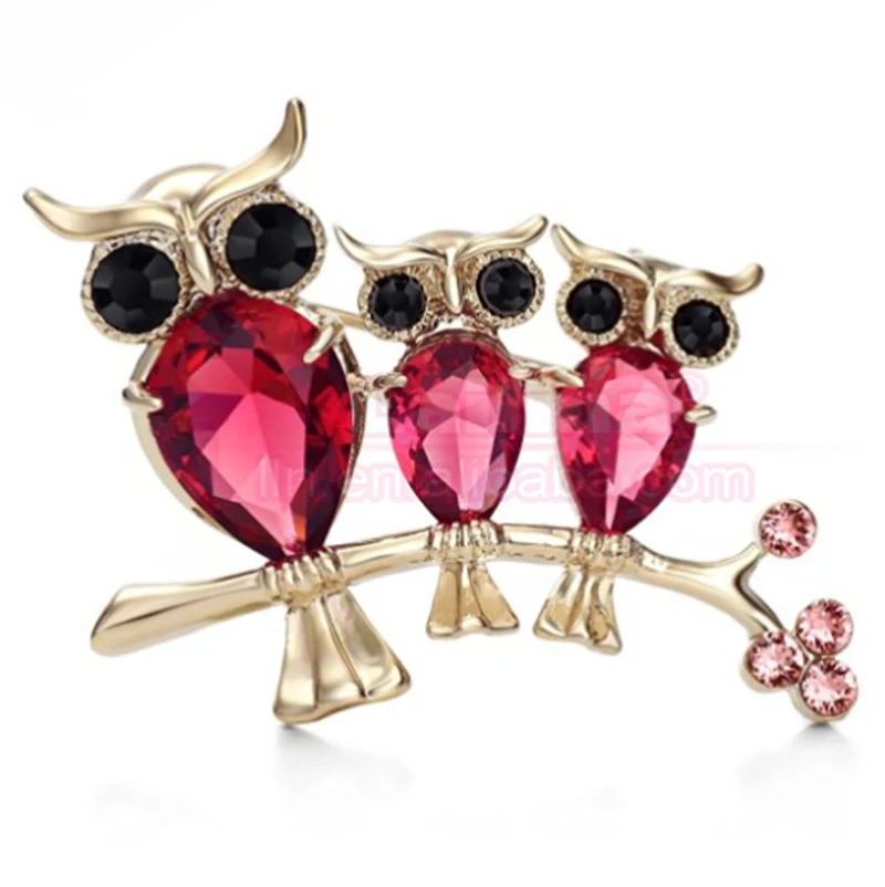 

50pcs/lot Red Owls Mom And Kids Stand on the Branch Fashion Brooch Pin