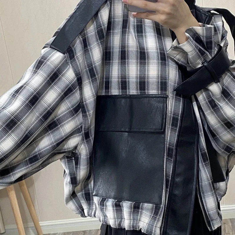 Spring Korean Women Plaid Jacket Autumn Loose Stand-up Collar Casual Vintage Long Sleeve Faux Leather Big Pocket Female Jackets