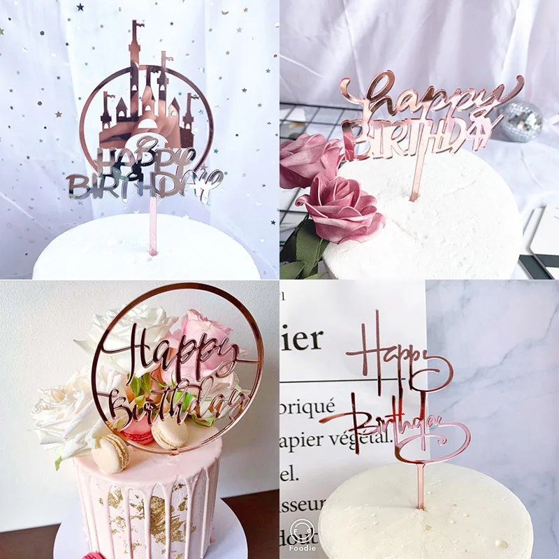 Promotional Acrylic Happy Birthday Cake Topper Rose Gold Silver Cake Topper For Kids Birthday Party Cake Decorations Baby Shower