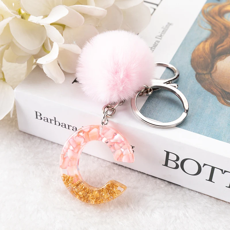 1Pc Pink Pompom Letter Keychain English Alphabet Keyring with Puffer Ball Glitter Gradient Resin Car Mirror Handbag Charms view 3