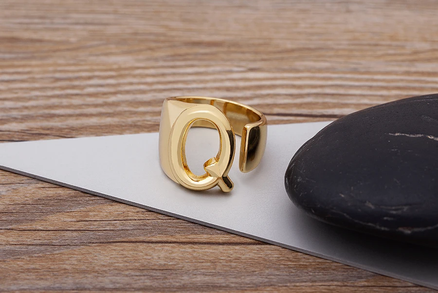 Trendy Hollow A-Z Letter Gold Color Adjustable Opening Ring Initials Name Alphabet Female Chunky Wide Party Wedding Jewelry