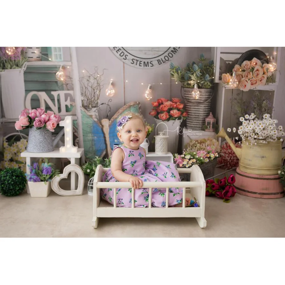 Fresh Flower Market Spring Backdrop Children Birthday Cake Smash Background Rose Flowers Shop Butterfly Portrait Photography