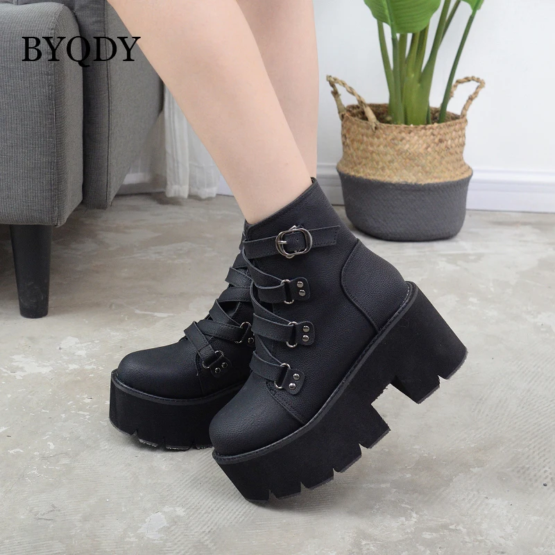 BYQDY Belt Buckle Punk Platform Boots For Woman Round Toe Womens Wedges Shoes High Thick Bottom Comfort Top Quality Plus Size 42