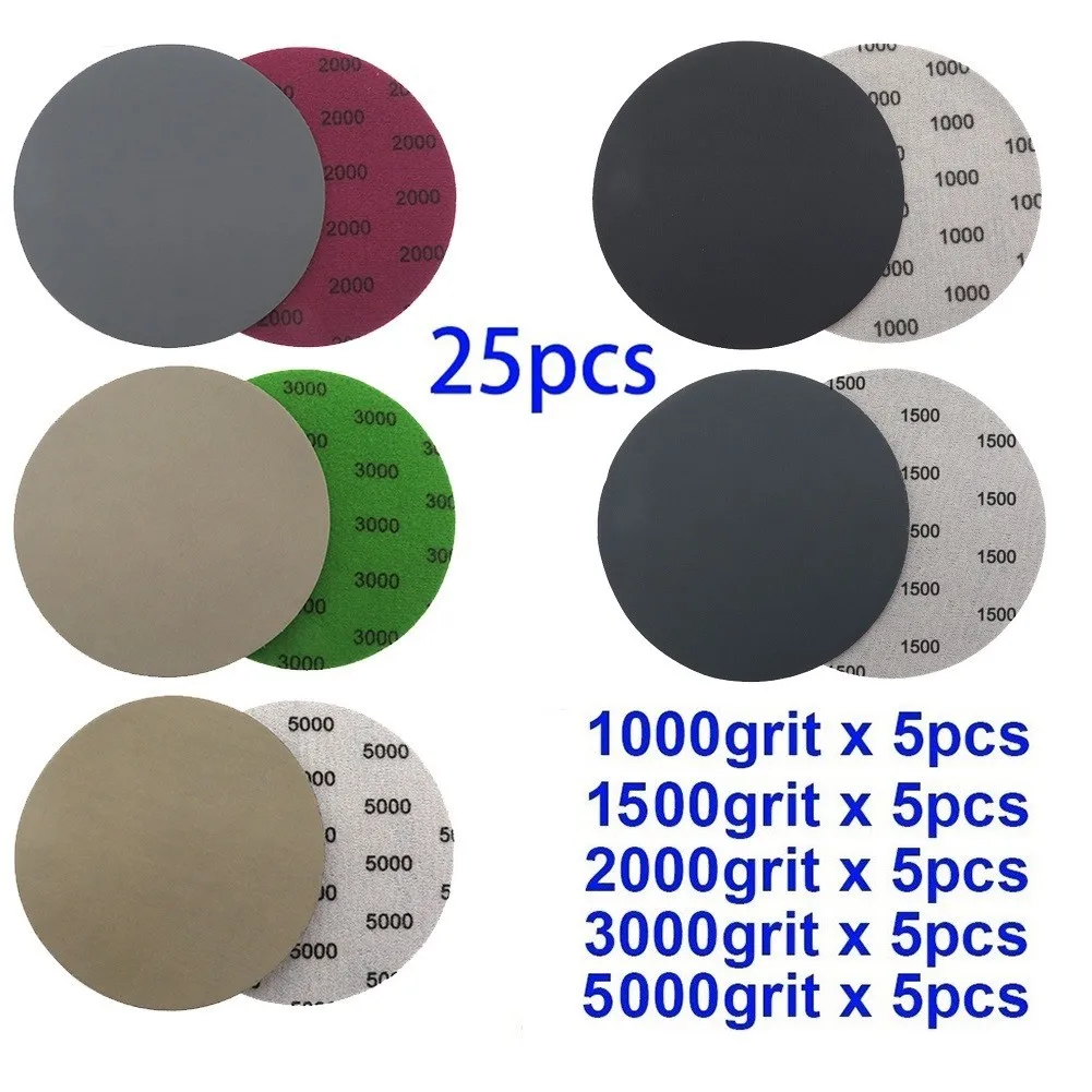 25 PCS 5 Inch 125mm Sandpaper Loop Hook Wet Dry Waterproof Sanding Discs 1000 1500 2000 3000 5000 Grit Abrasive Sandpaper Disc