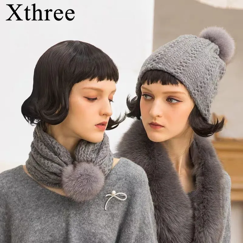 Xthree Dual purpose Hat Cashmere Women's Beanie Hat Winter hat for children Raccoon Fur Pom Hat Skullies Cap Gorros Female Cap