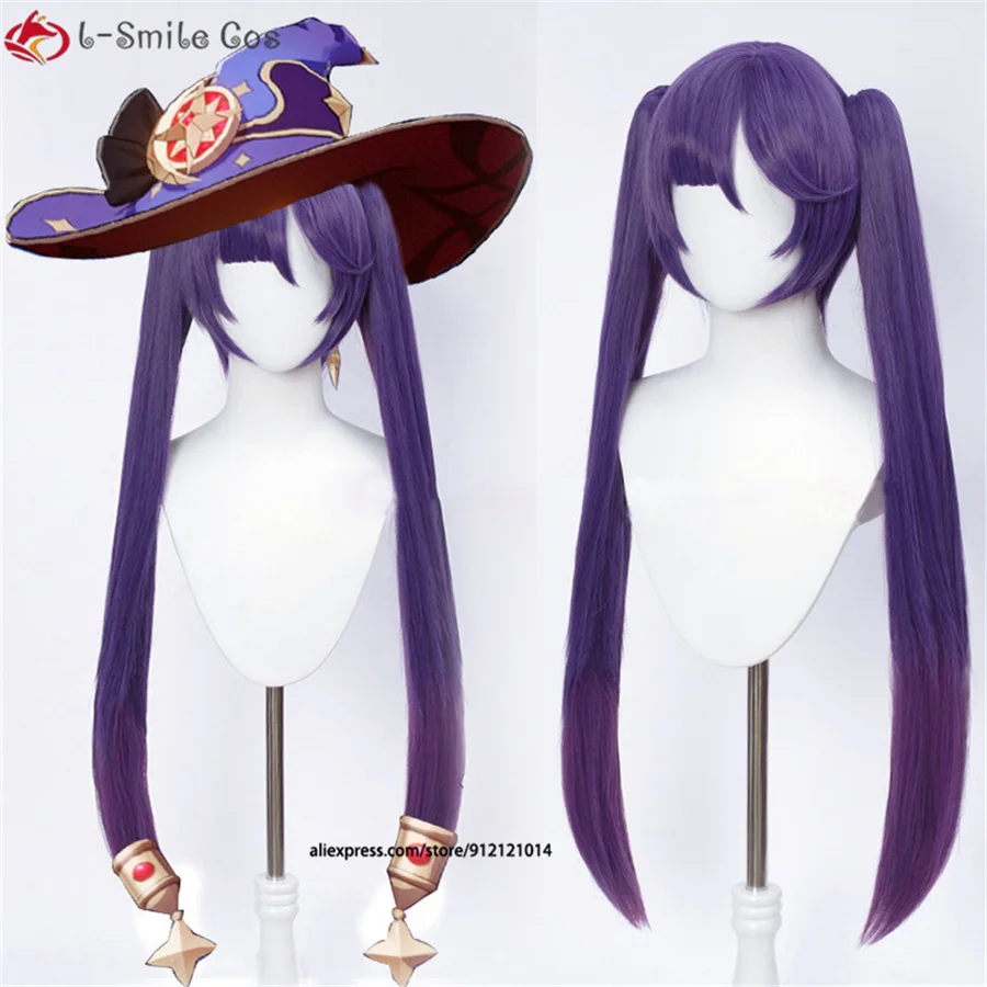 Game  Mona Purple Long Cosplay Wig With Twin Ponytails Bangs Heat Resistant Synthetic Hair Halloween Wigs + Wig