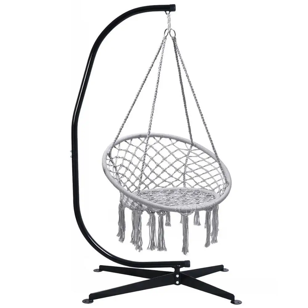 C Hanging Hammock Stand W/Cotton Macrame Swing Chair Backrest Garden Grey