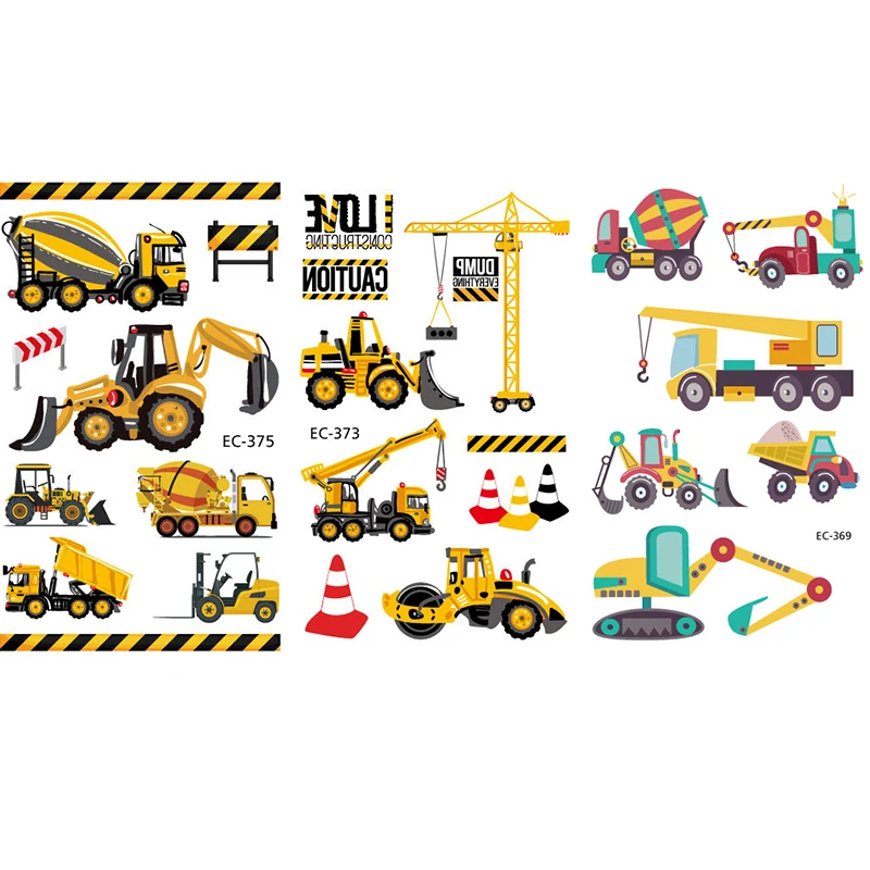 Cartoon Farm Thema Bouw Voertuig Tijdelijke Tattoo Graafmachine Sticker Bulldozer Loader Stickers Jongens Verjaardagsfeestje Geschenken