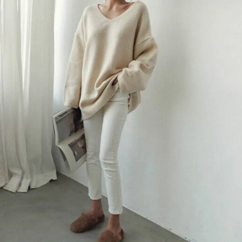 Women Autumn Oversized V Neck Full Sleeve Cozy Cashmere Sweater Loose Knitted Pullovers Solid Color Casual Jumpers