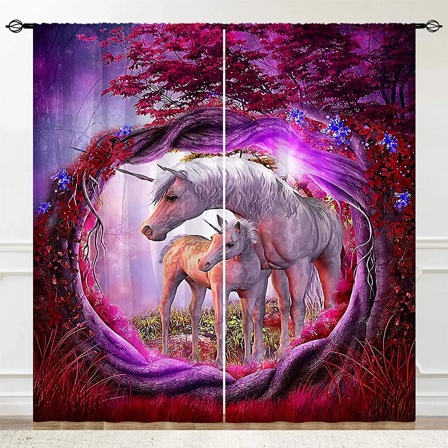 Living Room Decoration Blackout Curtains Unicorn Couple Purple Pink Tree Hole Forest Double Bedroom Living Room Luxury Curtains