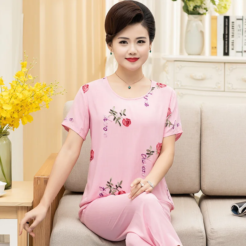 Fdfklak New Arrival Female Pajamas Set Sleepwear Women Cotton Print Flower Pyjamas Summer Loose Nightwear Home Large XL-4XL