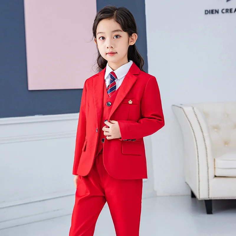 Girls Red Formal Suit Set Children's Princess Wedding Show Host Costume Kids Blazer Vest Shirts Pants Tie Clothing Sets