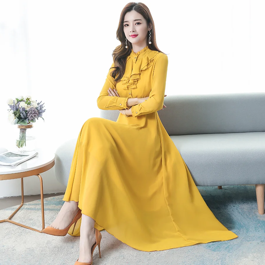 2024 Vintage Solid Chiffon Lady Maxi Dress Autumn Winter Long Sleeve Chic Evening Dress Elegant Women Bodycon Prom Party Vestido