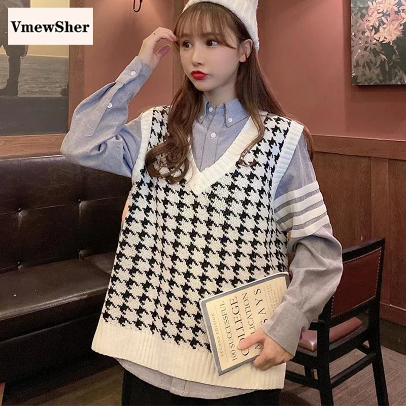 VmewSher Plaid Women Sweater Vest Autumn Spring Fashion Houndstooth Sleeveless Knit Pullover Lady Vintage Knitwear Jumper Top