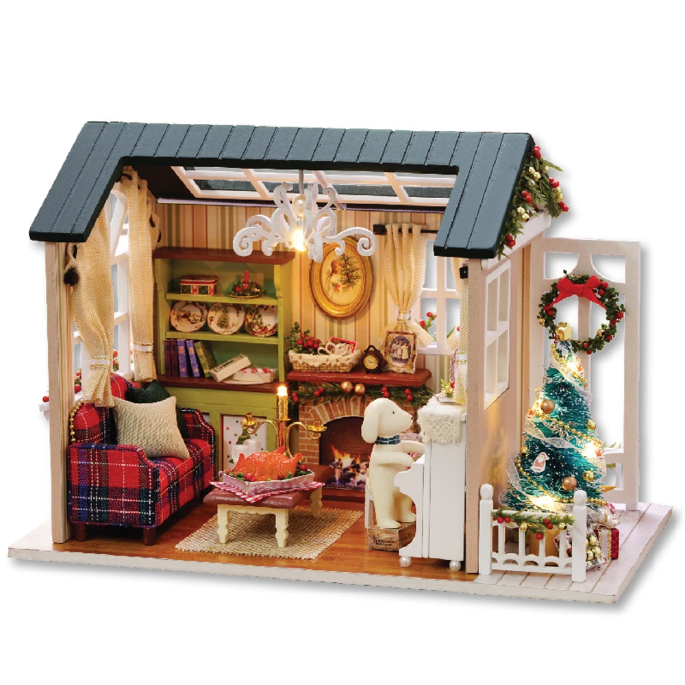 DIY Christmas Miniature Dollhouse Kit Realistic Mini 3D Wooden House Room Craft with Furniture LED Lights Children's Day Gift