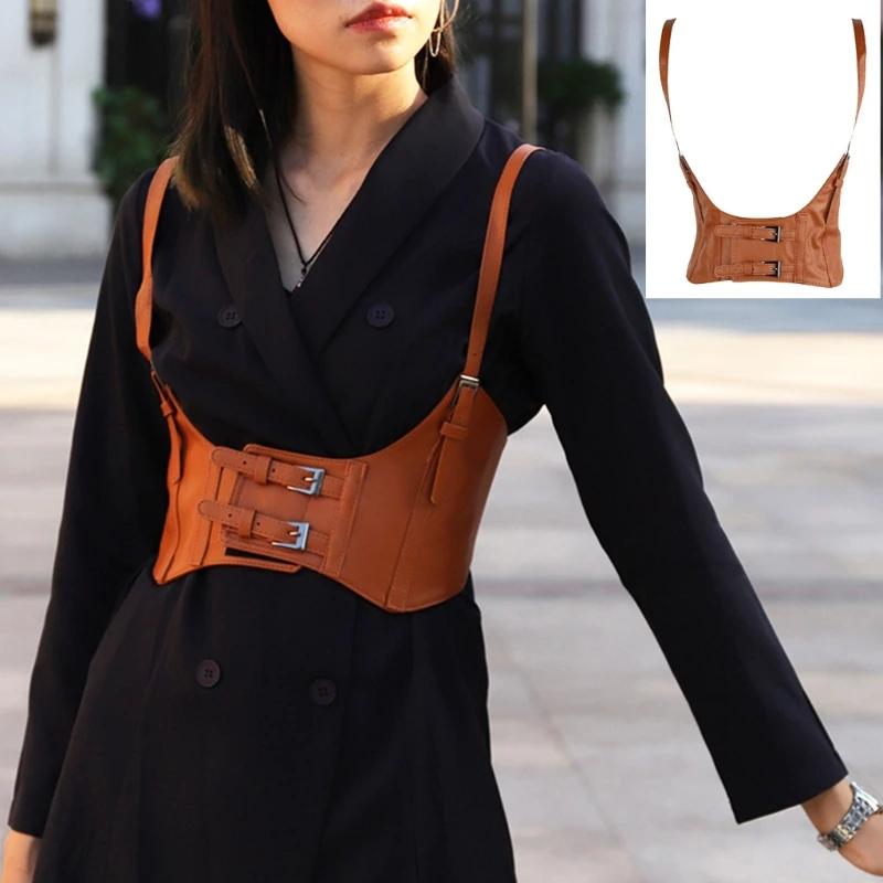 

Women Vintage Gothic Faux Leather Underbust Corset Crop Top Solid Color Adjustable Vest Waist Belt Double Buckle Cincher