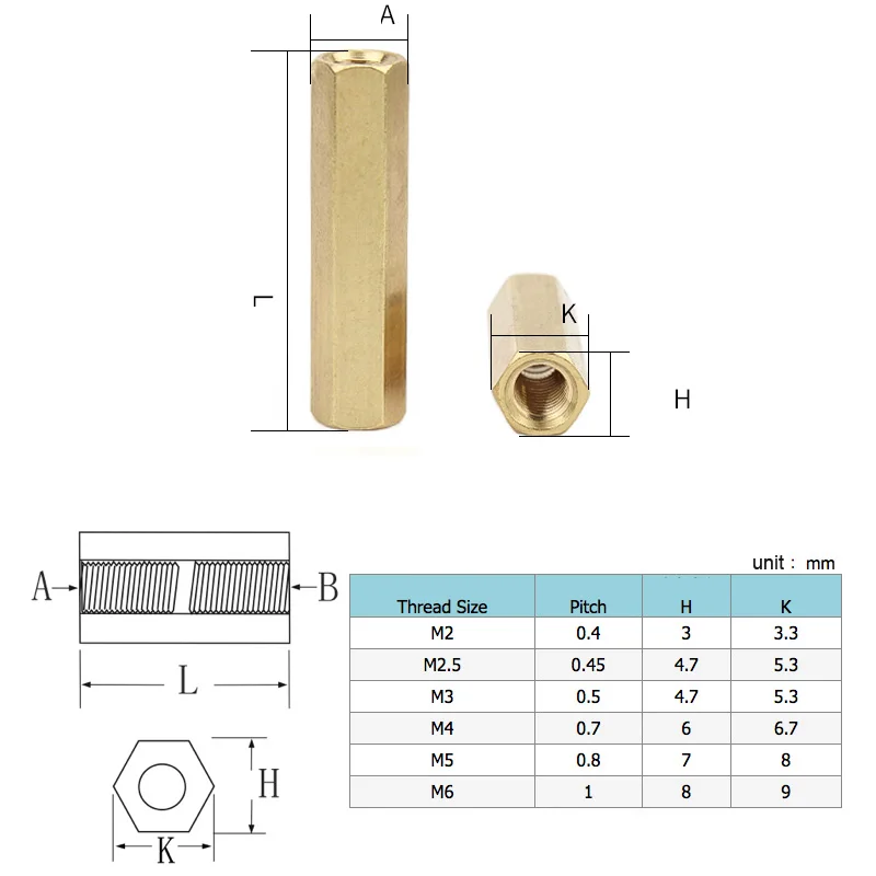 Separador hexagonal de latón macizo para placa base PCB, M2, M2.5, M3, M4, M-F de Pilar macho-hembra, 10/50 unidades