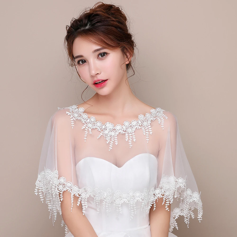 Vrouwen Ivoor Tassel Wedding Bridal Cape O-hals Gratis Size Elegante Sheer Tulle Formele Cape Lace Edge Prom Shawl Accessoire