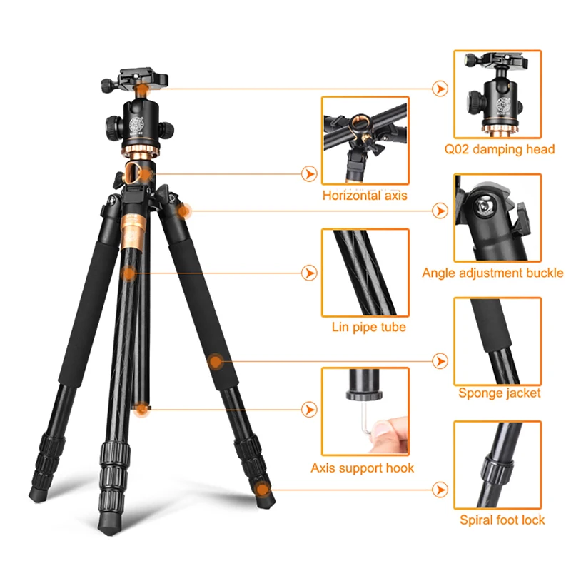 QZSD Q999H Portable Alluminium Alloy Camera Tripod Video Monopod Professional Extendable Travel Horizonal Tripod ball head