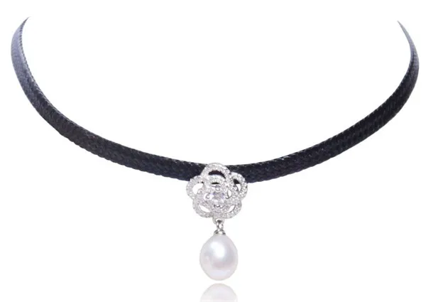 

HABITOO Natural 9-10mm White Freshwater Pearl Choker Necklace 925 Silver Leather Chain Elegant Statement Jewelry Charming Gifts