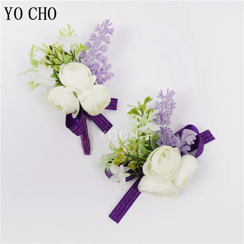 YO CHO-Corsages de boda para novio, broches de rosa de seda blanca y púrpura, ramillete de muñeca para damas de honor de boda, pulsera de flores