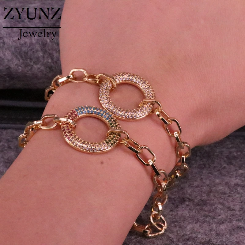 4PCS, Metal Link Cable Chain Bracelets Gold Color CZ Micro Pave Round Circle Connector Jewelry For Women Gifts