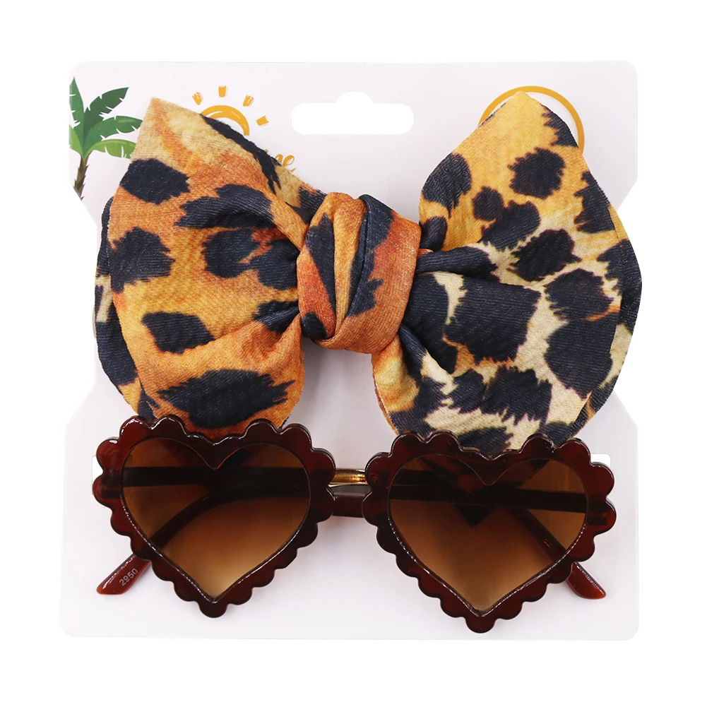 2Pcs/Set Leopard Dot Flower Print Headband Elastic Nylon Hair Band Heart Sunglasses Mental Eyeglasses Baby Boy Girls Headwear