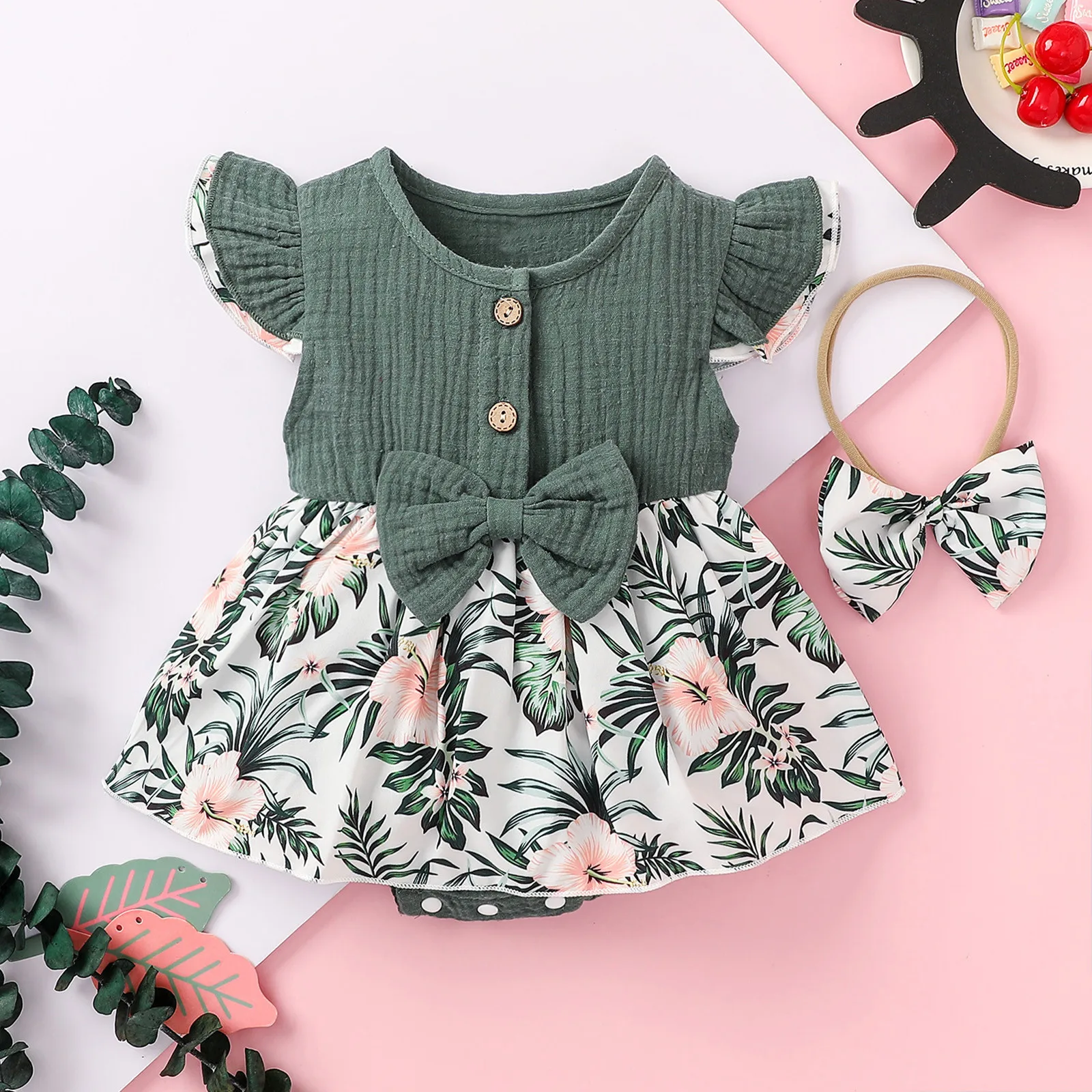 

Newborn Baby Girls Romper Summer Cotton Linen Bow Floral Romper Dress Infant Jumpsuit Bodysuit Girl Clothes 6 12 18 24 Months