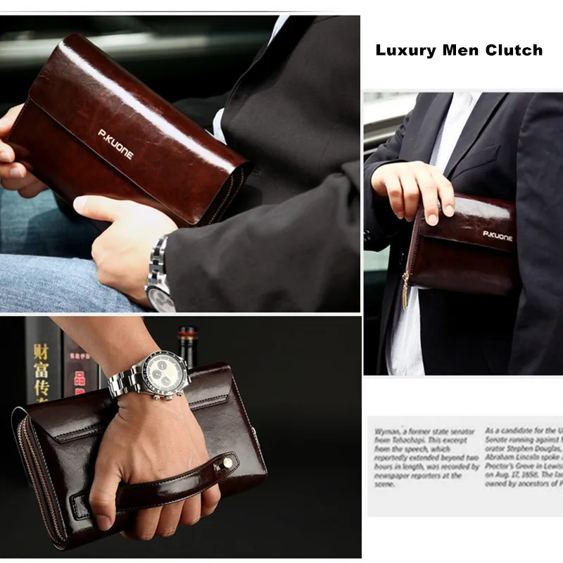 Hot Sale! New 2024 Luxury Shining Oil Wax Cowhide Men Clutch Bag Long Genuine Leather men wallets Double Layer Business Clutch