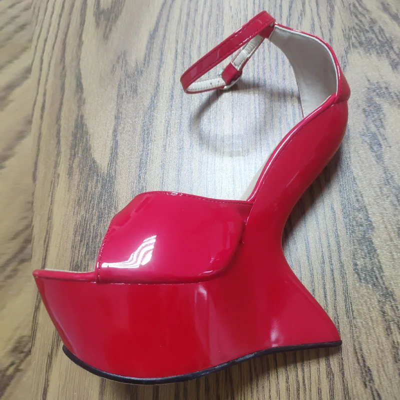 Summer New Red Black Wedge Sandals Women Sexy Ankle Strap Platform Super High Heel Party Sandal Fashion Peep Toe Stripper Shoes