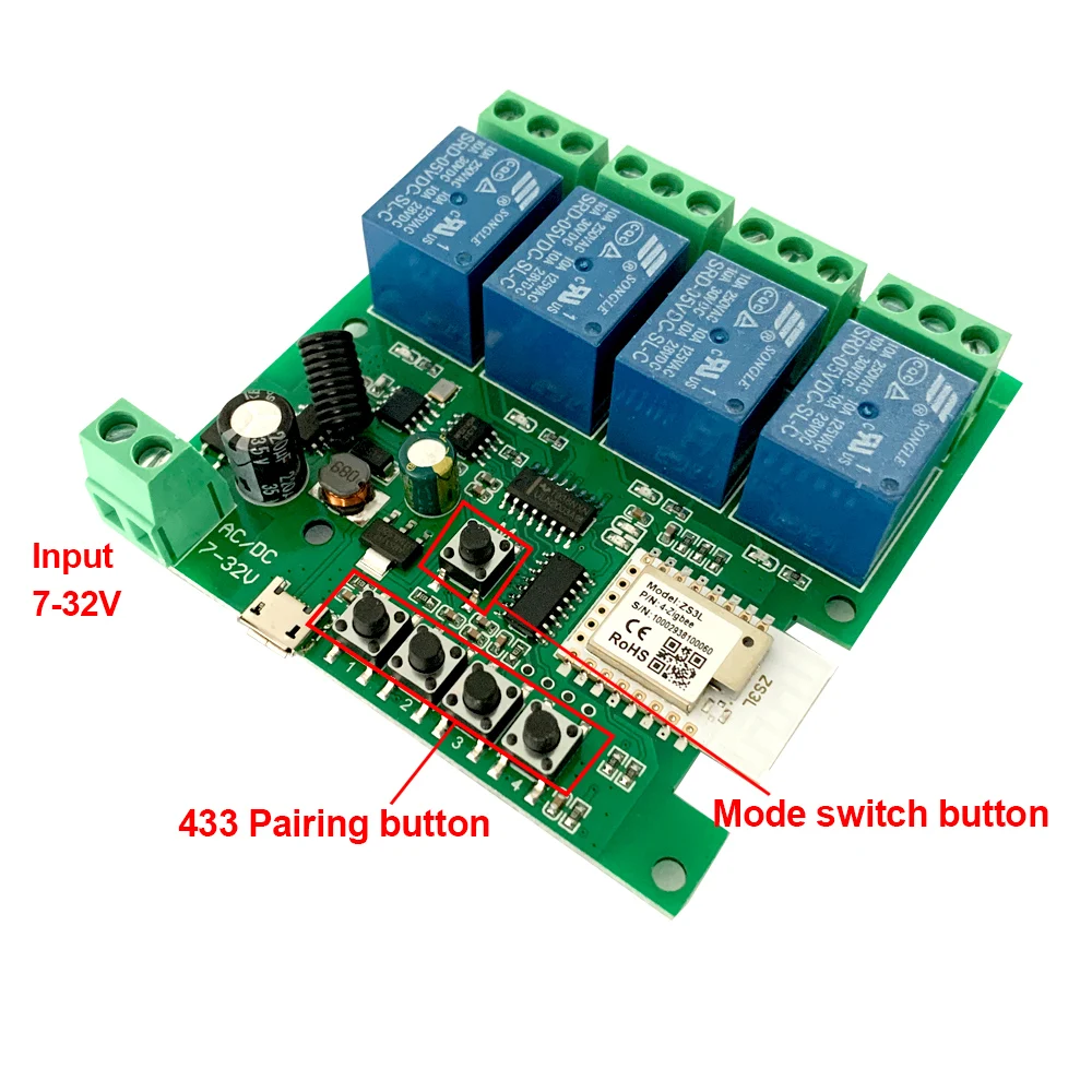 4CH Zigbee Smart Light Switch Module 5/12/32V RF433 Receiver 10A Relays Work with Alexa Google Assistant Tuya Smart Life