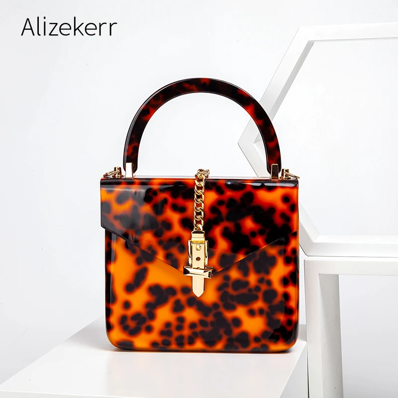 Leopard Print Acrylic Box Evening Bag Women 2021 Retro Top Handle Marble Pattern Dinner Clutch Purses Ladies Chain Shoulder Bag