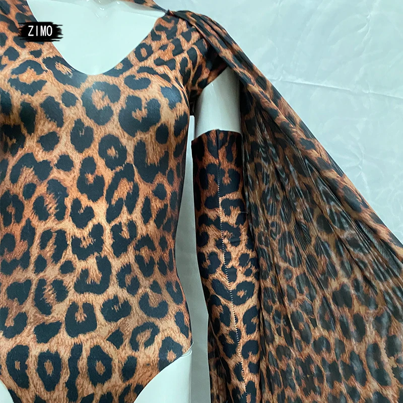 Moda leopardo bodysuit luvas xale impresso clube de aniversário celebrar cantor dançarino collant desempenho palco drag queen outfits