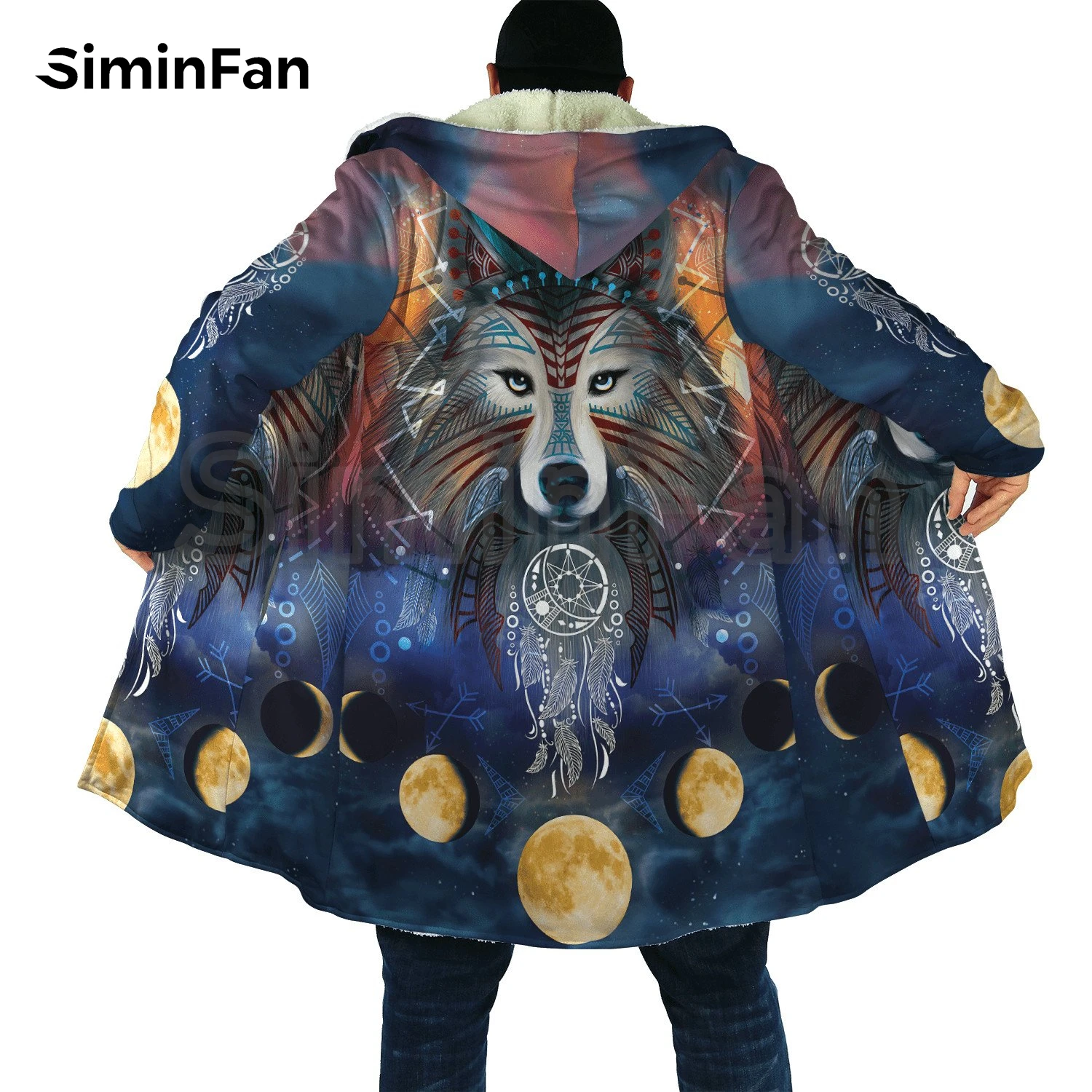 Tribal Style Night Wolf 3D Printed Mens Hooded Cloak Windbreaker Winter Thick Flannel Coat Unisex Casual Cashmere Warm Jacket H6