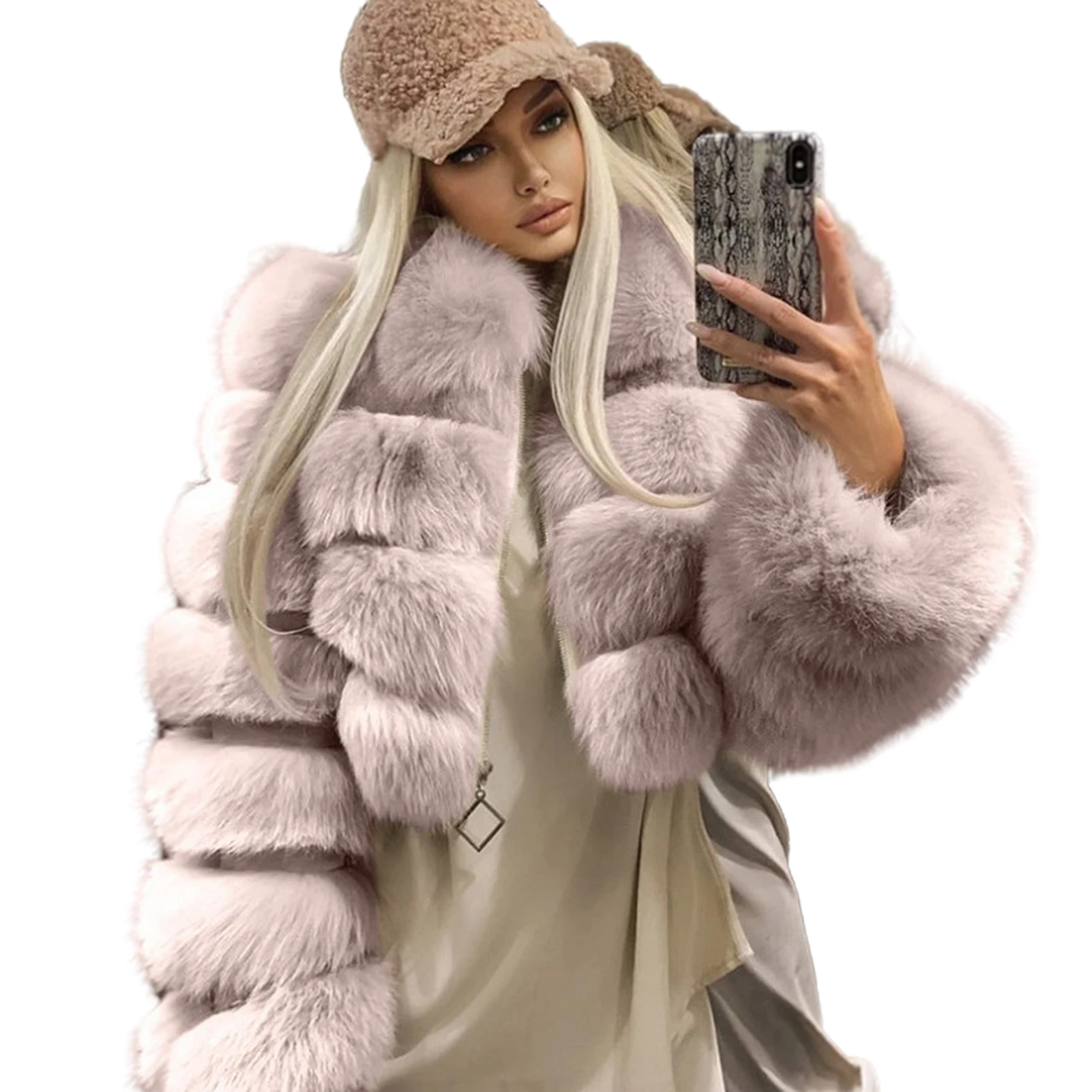 Loose Women Jacket Winter Thick Plush Mink Turn Down Collar Long Sleeve Zipper Faux Fur Slim Short Jacket Coat