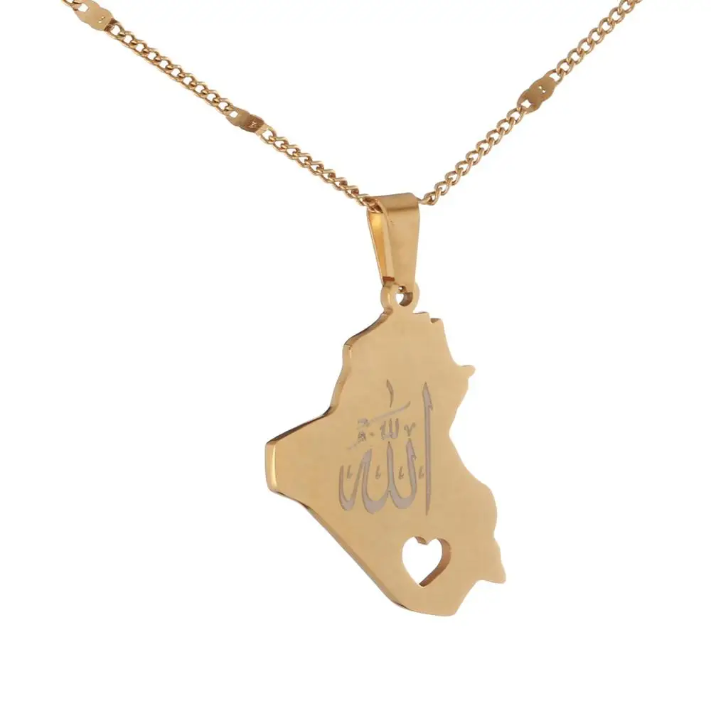 Stainless Steel Republic Of Iraq Map Pendant Necklace Gold Color Allah Heart Chain Jewelry